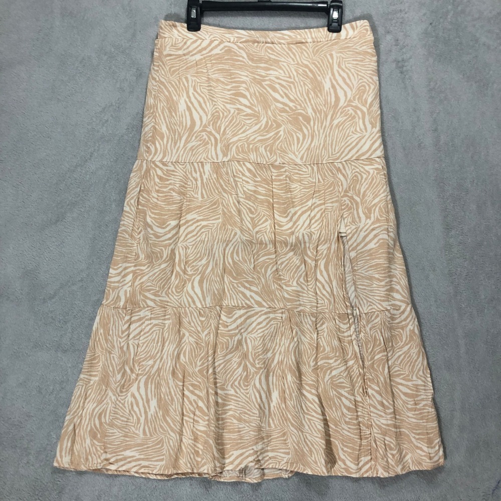 Nine West Tiered Maxi Skirt‎ Tan Beige Animal Print Casual Summer Beach Size L